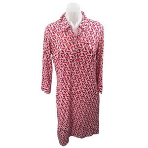 Donna Morgan Red Geometric Long Sleeve Button Front Shift Mini Shirt Dress Sz 6